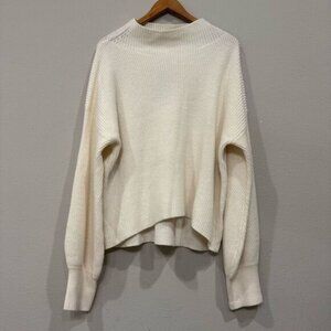 A.L.C. Helena Merino Wool Sweater Rib Knit Large Cream High Neck Balloon Sleeve